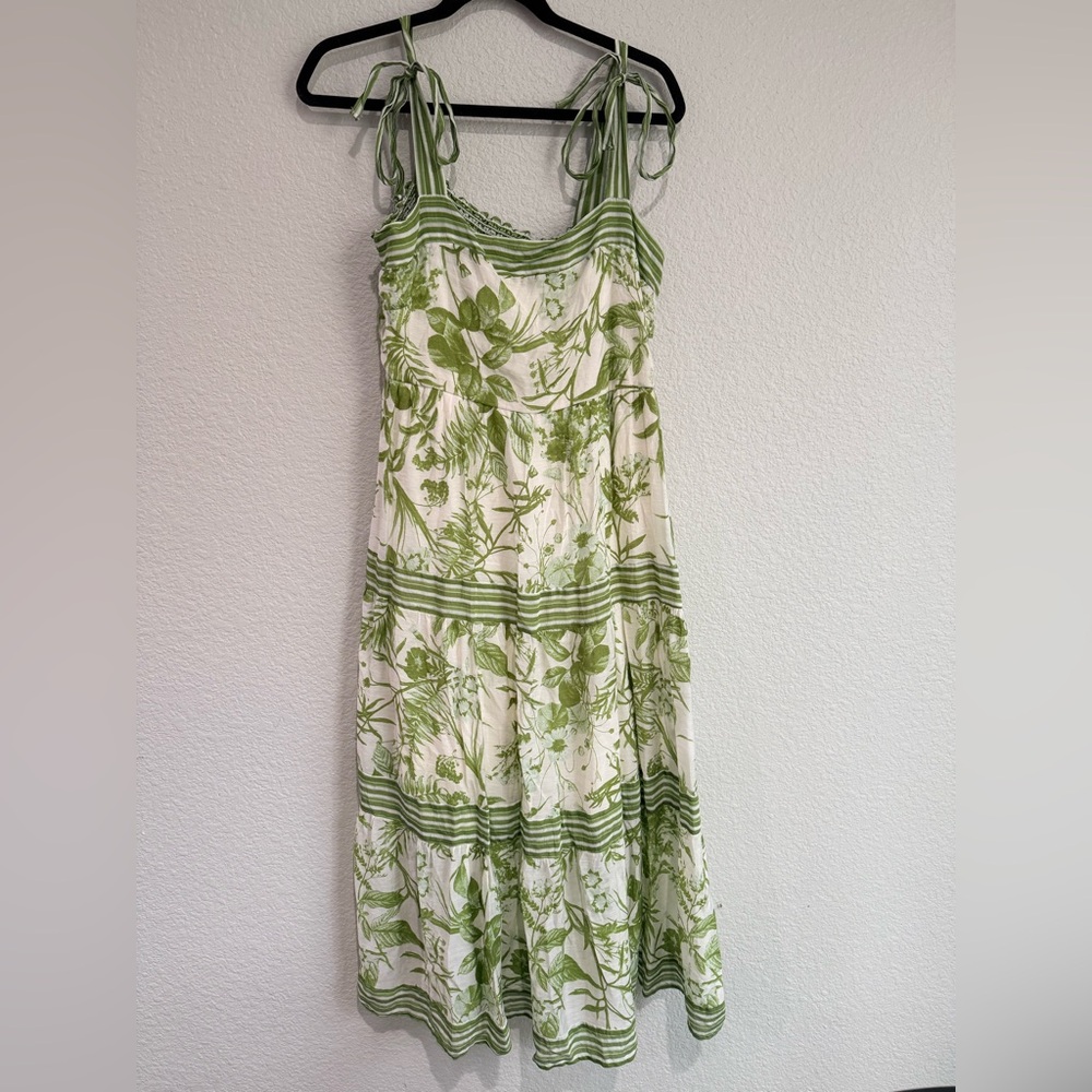 Sweet Wanderer Green white Boho Floral Print Tiered Maxi Dress Bow Strap XL - Picture 2 of 8